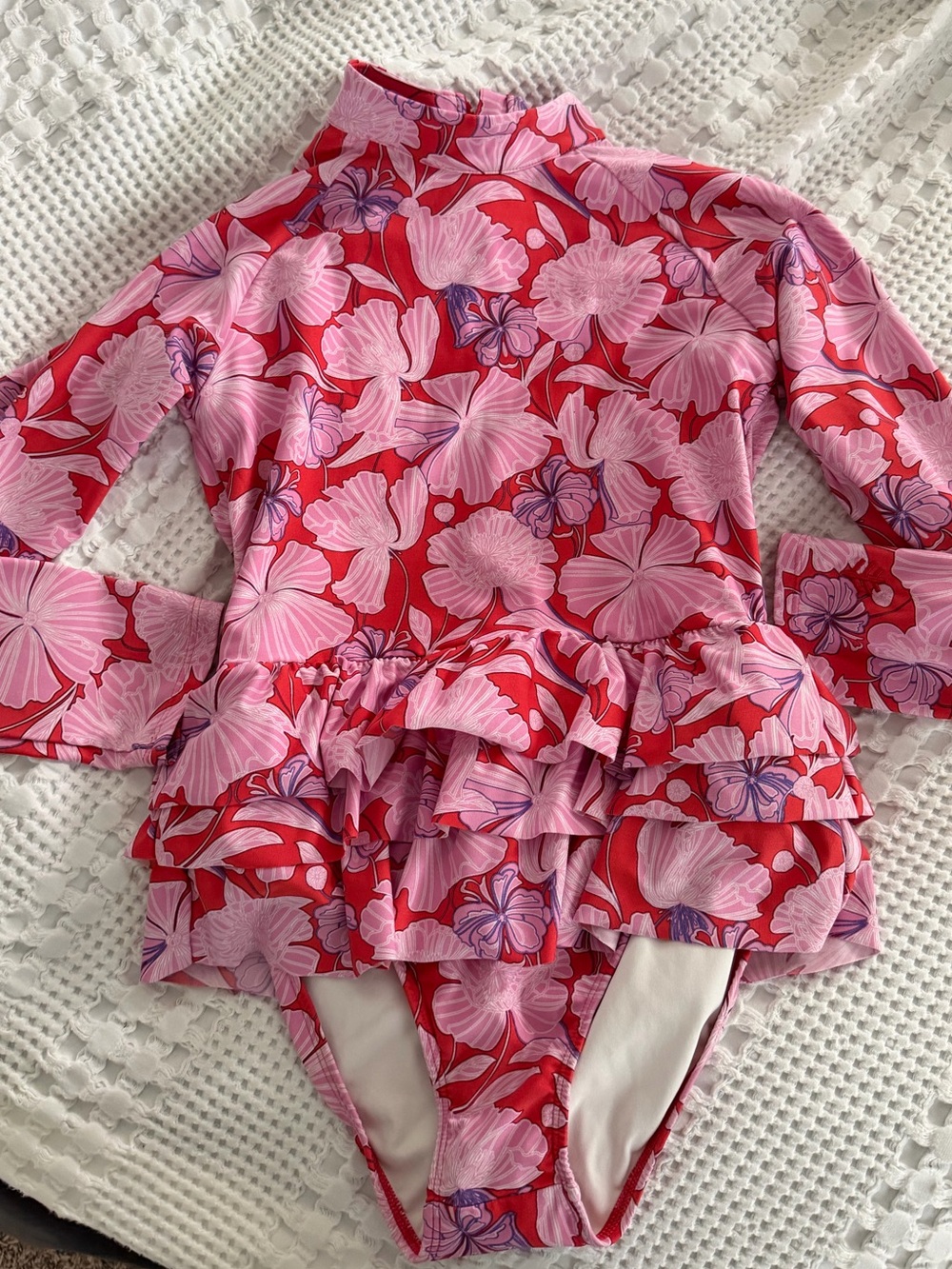 Coolibar Girls Pink and Red Floral Ruffle One-Piece